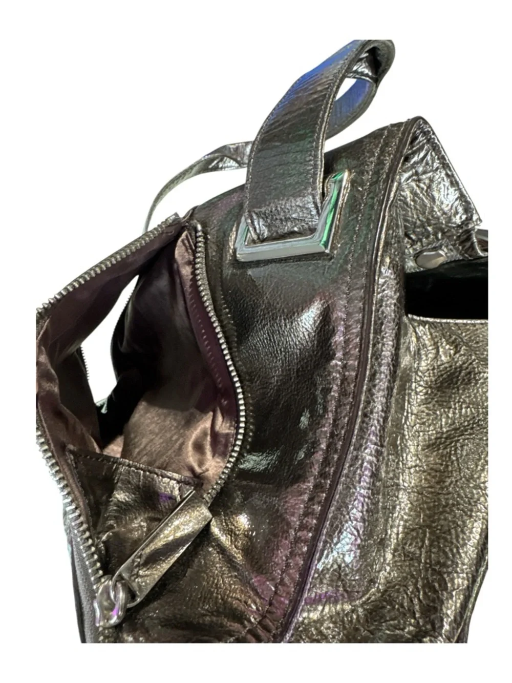 Kooba Metallic Bronze Double Strap Top Zip & Front Zipped Pockets Shoulder Bag